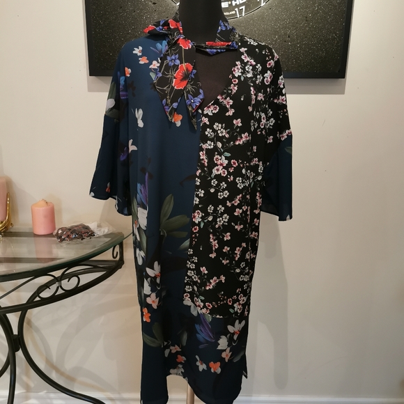 French Connection Celia Patchwork Floral Print Tie Neck Dress - Picture 5 of 10